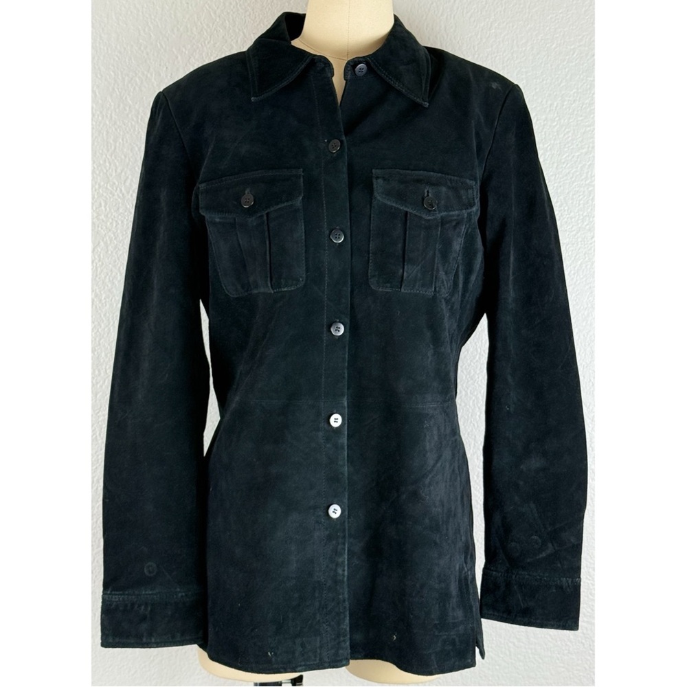 Liz Claiborne Black Suede Leather Button-Front Shirt Jacket, size Medium